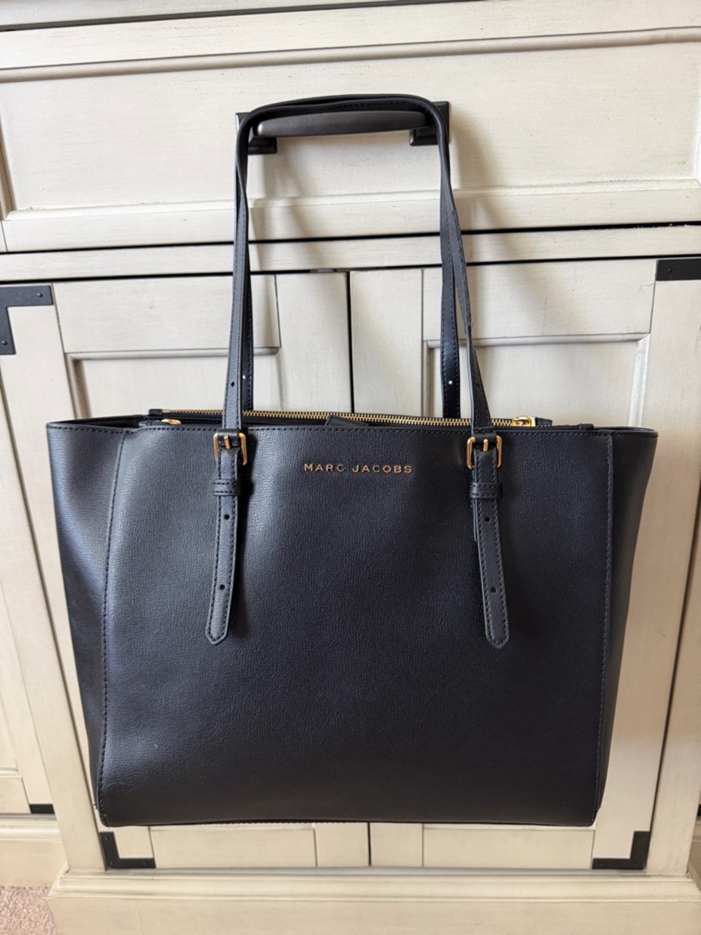 Marc Jacobs Black Leather Double-Handle Tote with Gold Hardware